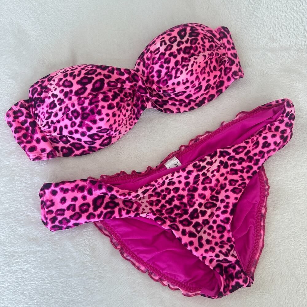 Luli Fama Bikini Pink Leopard Bandeau Push Up Top Ruched Brazilian Bottom